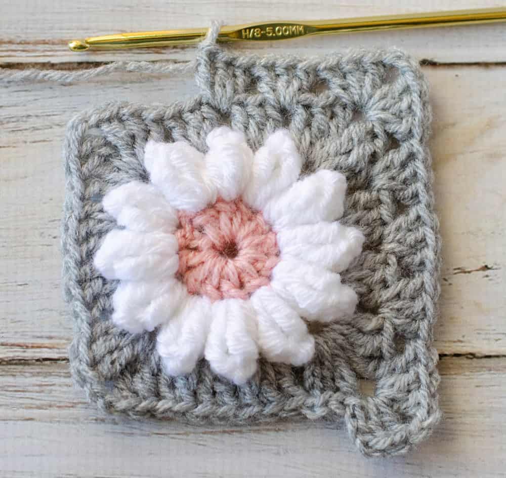 crocheting gray border around white and pink crochet daisy