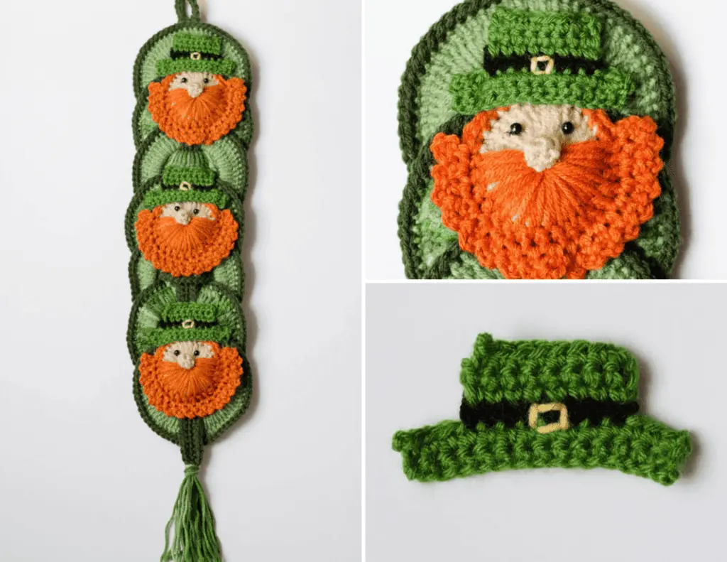 Collage of crochet leprechaun appliques on a wall hanging