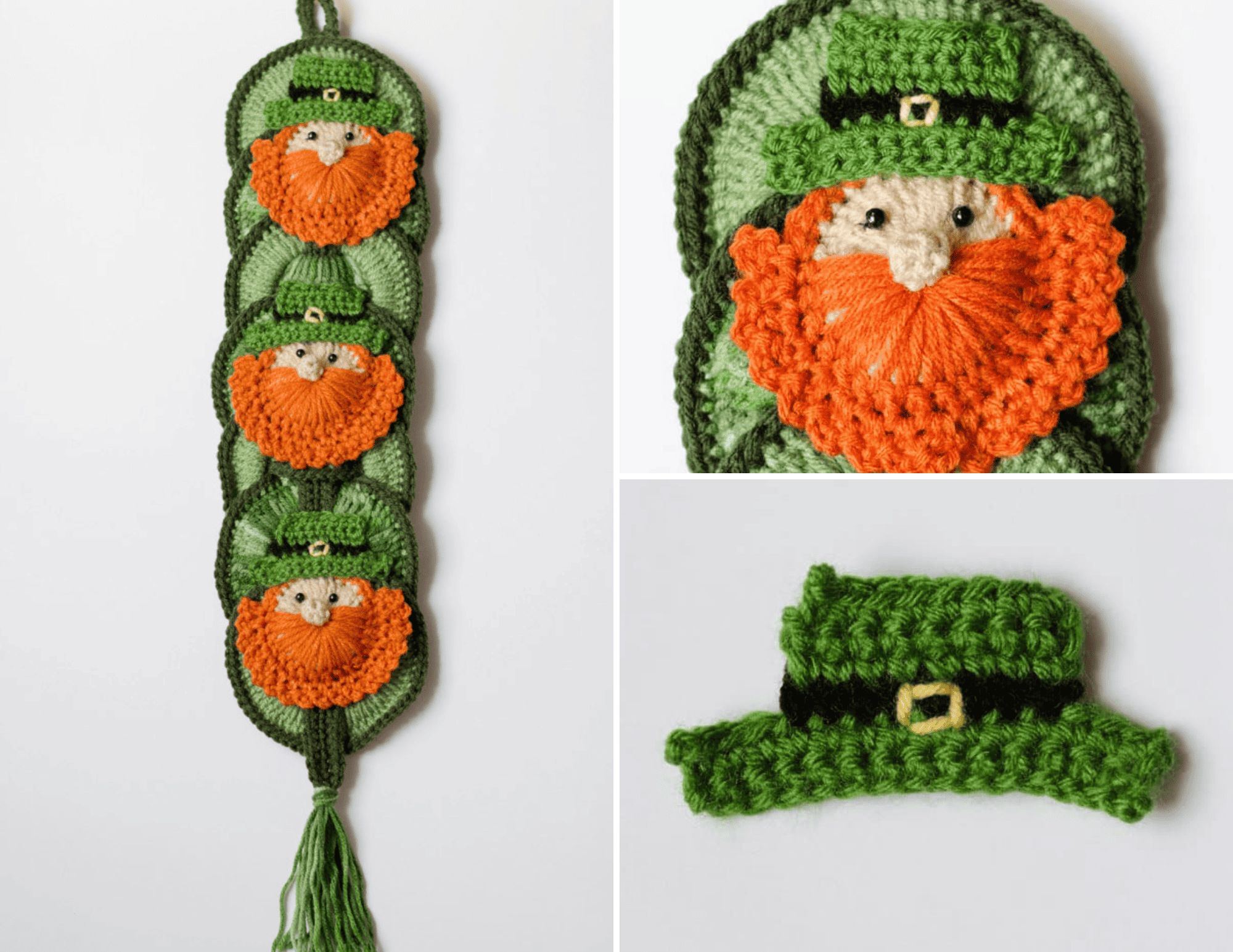 Collage of crochet leprechaun appliques on a wall hanging