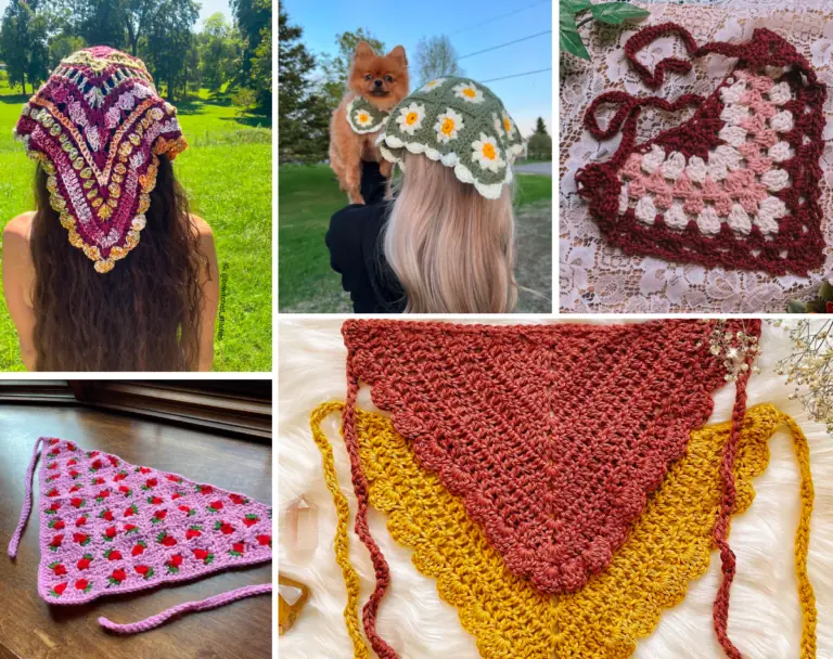 Five crochet bandana patterns, a large mutlicolored bandana, a green daisy bandana for a girl and a dog, a red, pink, and white bandana, a strawberry bandana, a simple orange bandana and a simple yellow bandana.