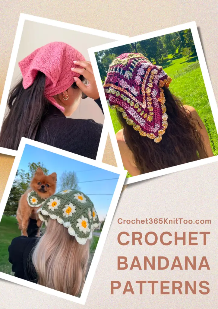 A pinterest image featuring three crochet bandana patterns, a pink tie bandana, a mulitcolored large bandana, and a green daisy bandana for a girl and her dog.