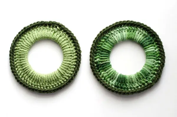 Crochet over rings in green yarn