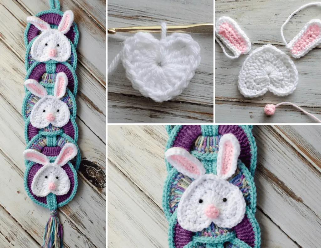 collage of parts for crochet bunny wall hanging pattern using white, pink, purple and blue yarn
