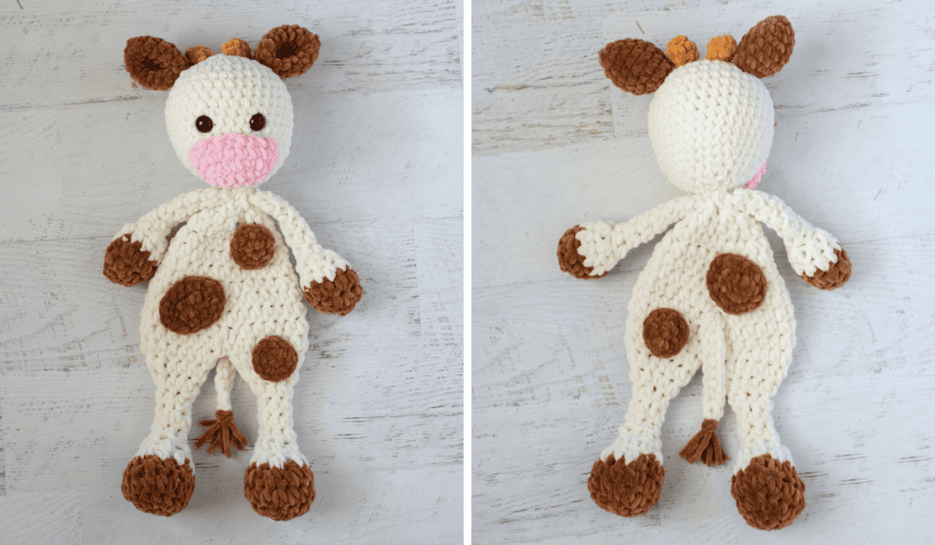 front and back of crochet cow snuggler made in cream, brown and pink chenille yarn.