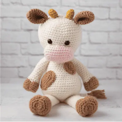 Cream and tan crochet cow sitting.