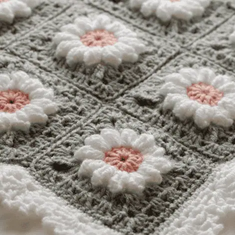 crochet baby afghan with gray granny squares with white and pink flowers and white border