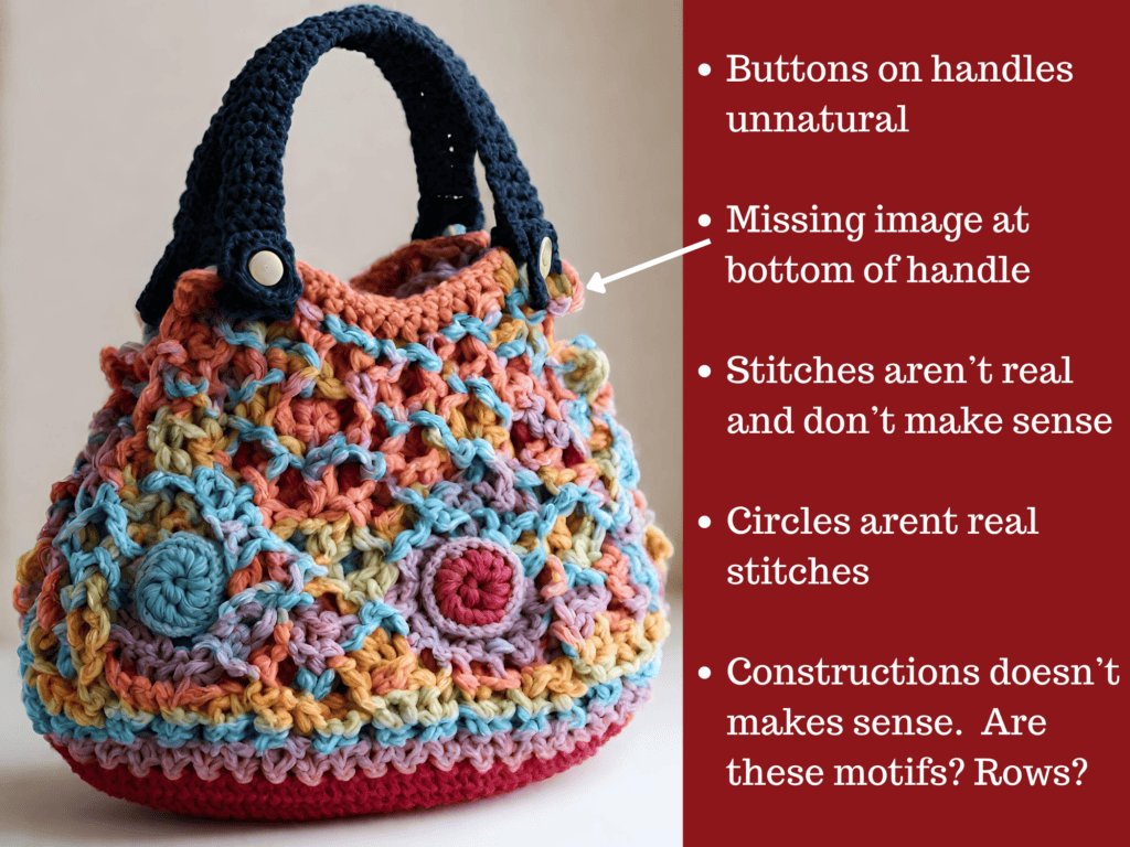 Graphic of AI crochet handbag with text describing fake elements