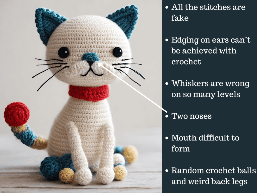 Graphic of AI crochet cat with text describing fake elements
