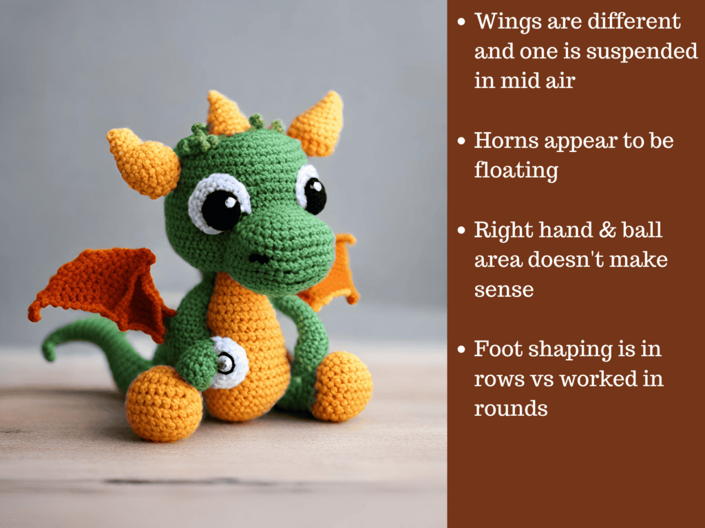 Graphic of AI crochet dragon with text describing fake elements