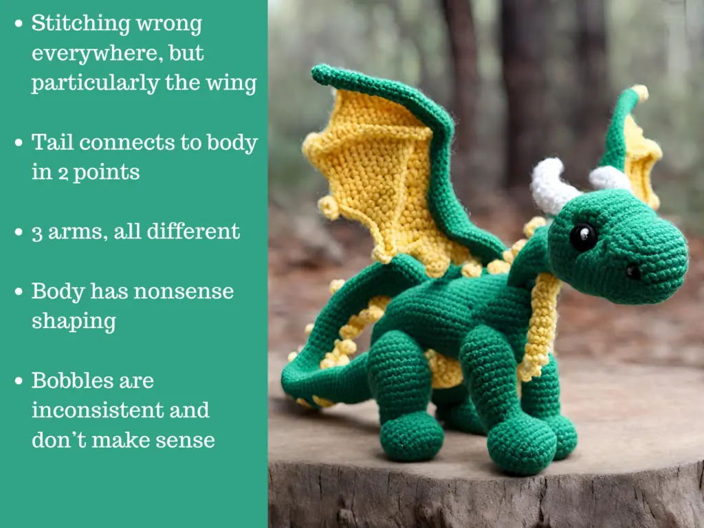 Graphic of AI crochet dragon with text describing fake elements