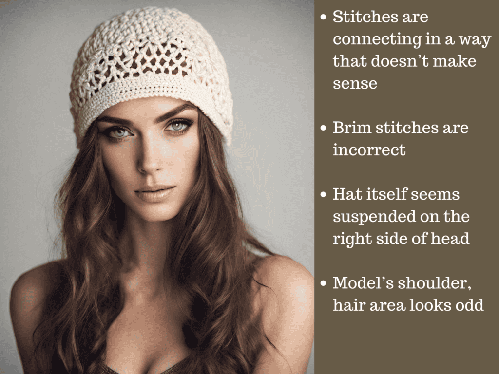 Graphic of AI crochet hat with text describing fake elements