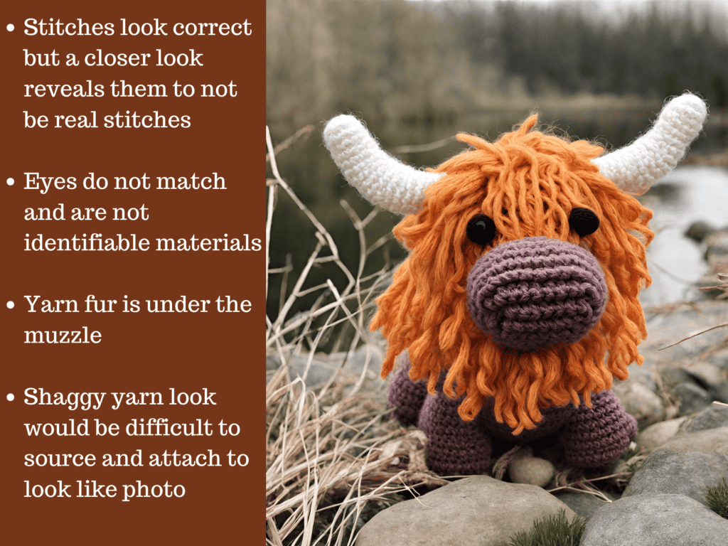 Graphic of AI crochet highland cow with text describing fake elements