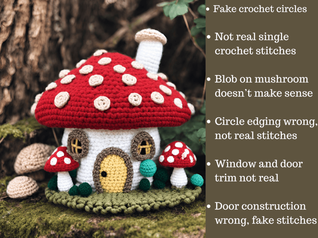 Graphic of AI crochet stuffed mushroom with text describing fake elements