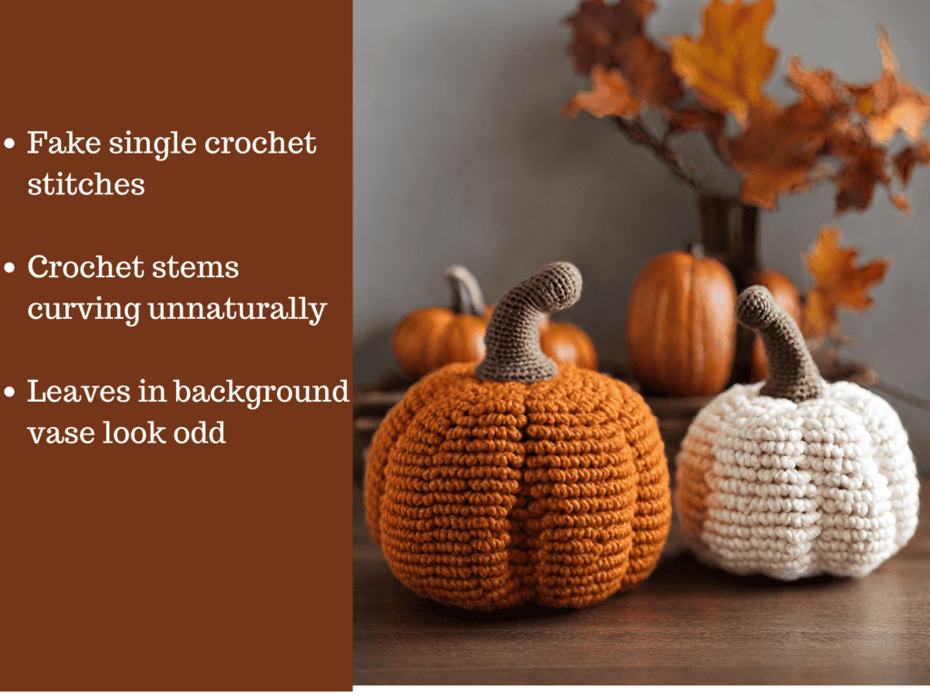 Graphic of AI crochet pumpkins with text describing fake elements