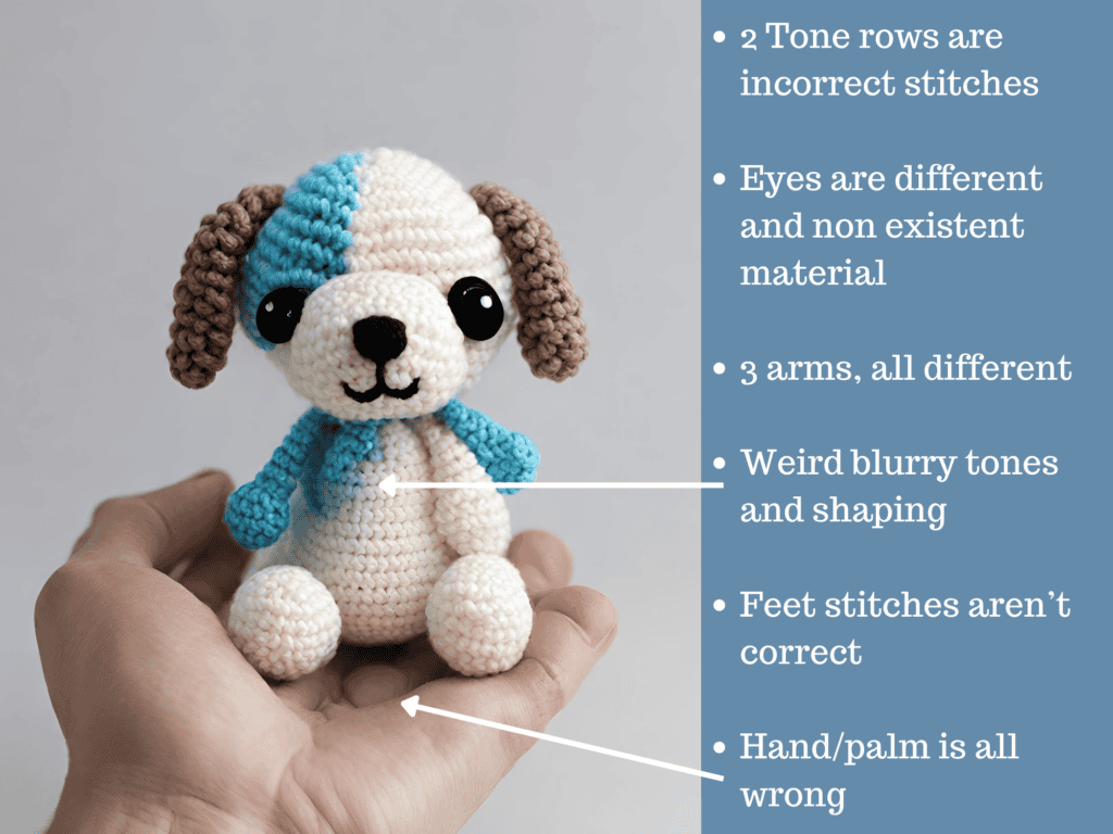 Graphic of AI crochet puppy with text describing fake elements
