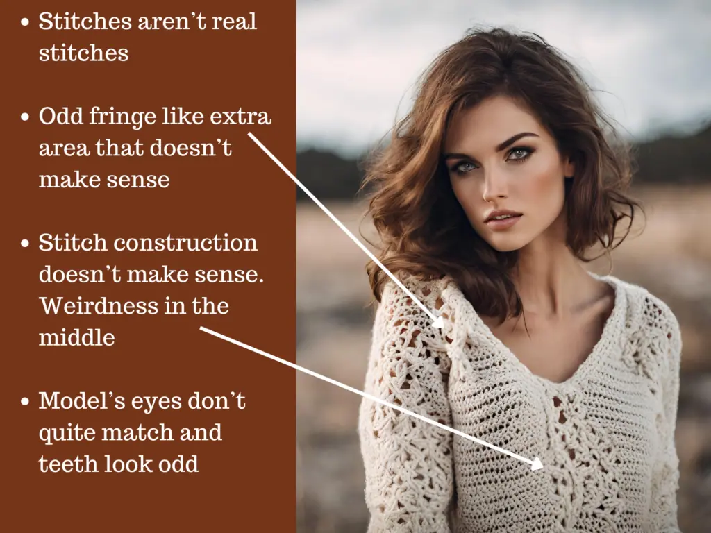 Graphic of AI crochet sweater with text describing fake elements