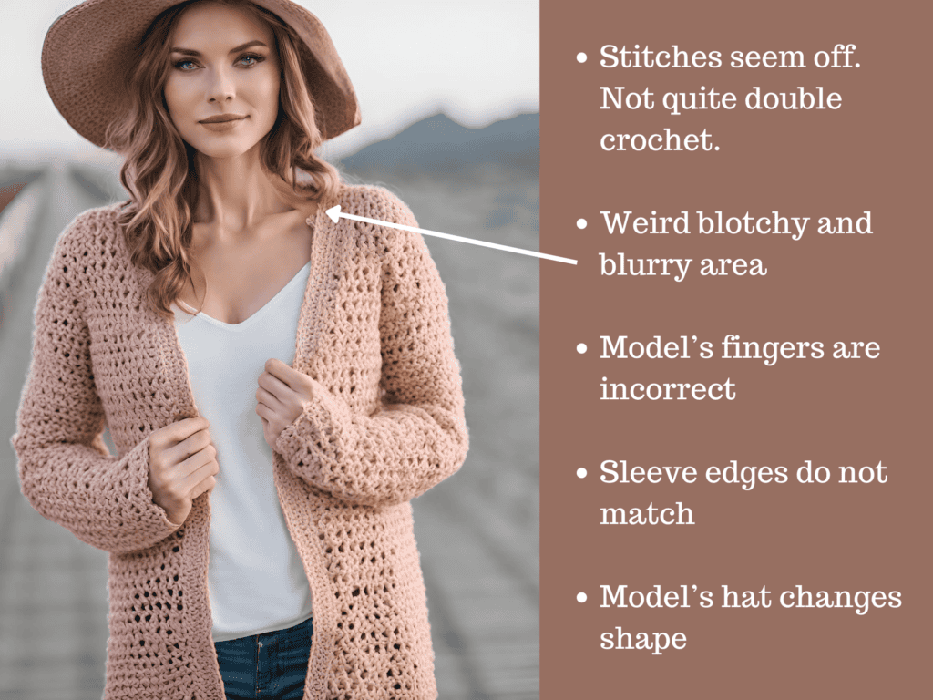 Graphic of AI crochet sweater with text describing fake elements
