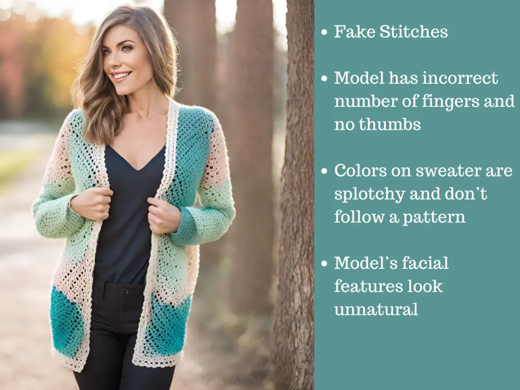 Graphic of AI crochet sweater with text describing fake elements