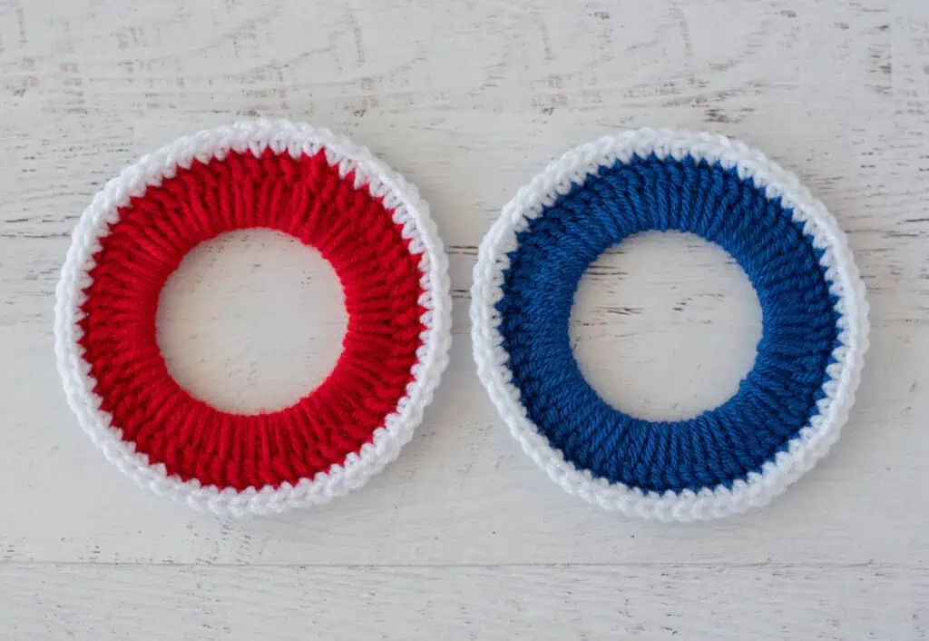 Red and blue crochet rings trimmed in white