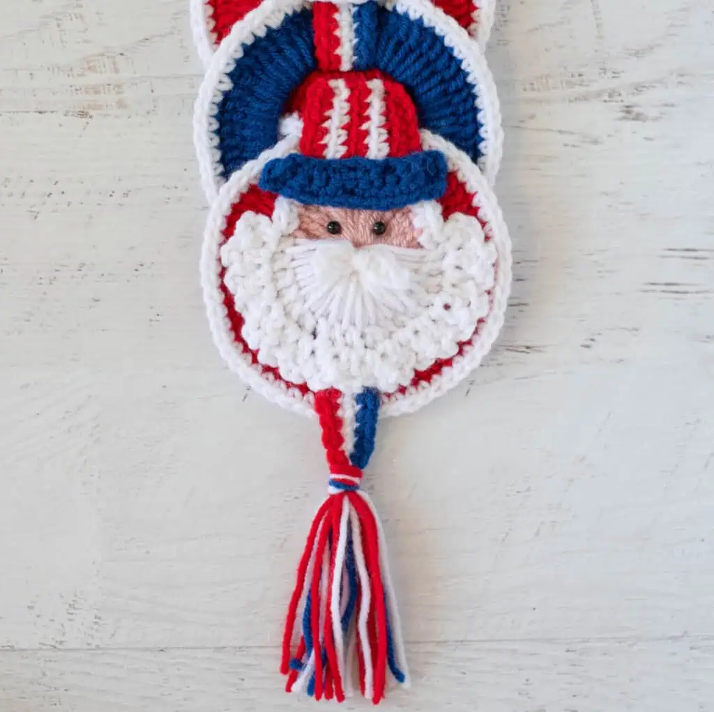 Crochet Uncle Sam Wallhanging in Red, White and Blue Yarn