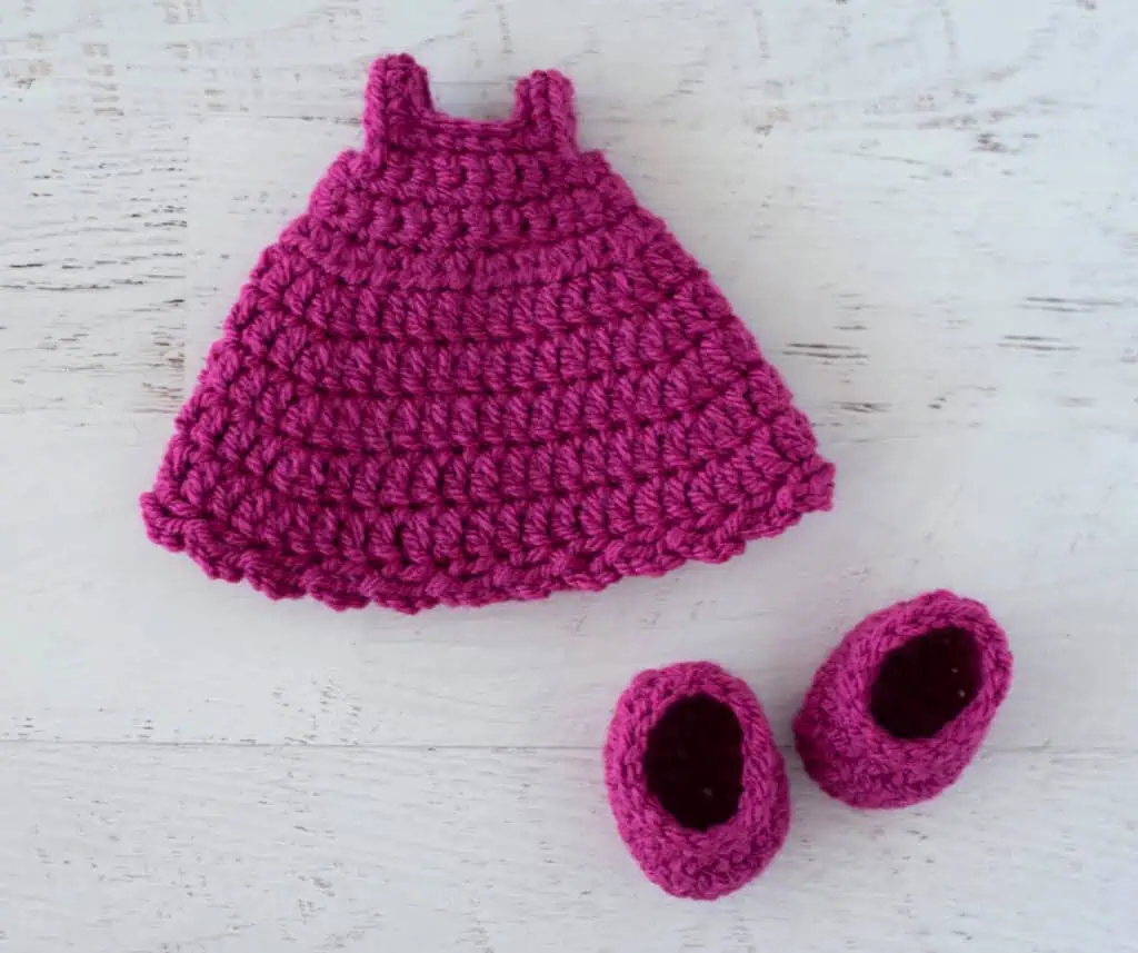 Pink crochet doll dress and shoes