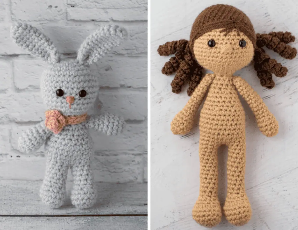Two crochet amigurumi comparison of leg attachment