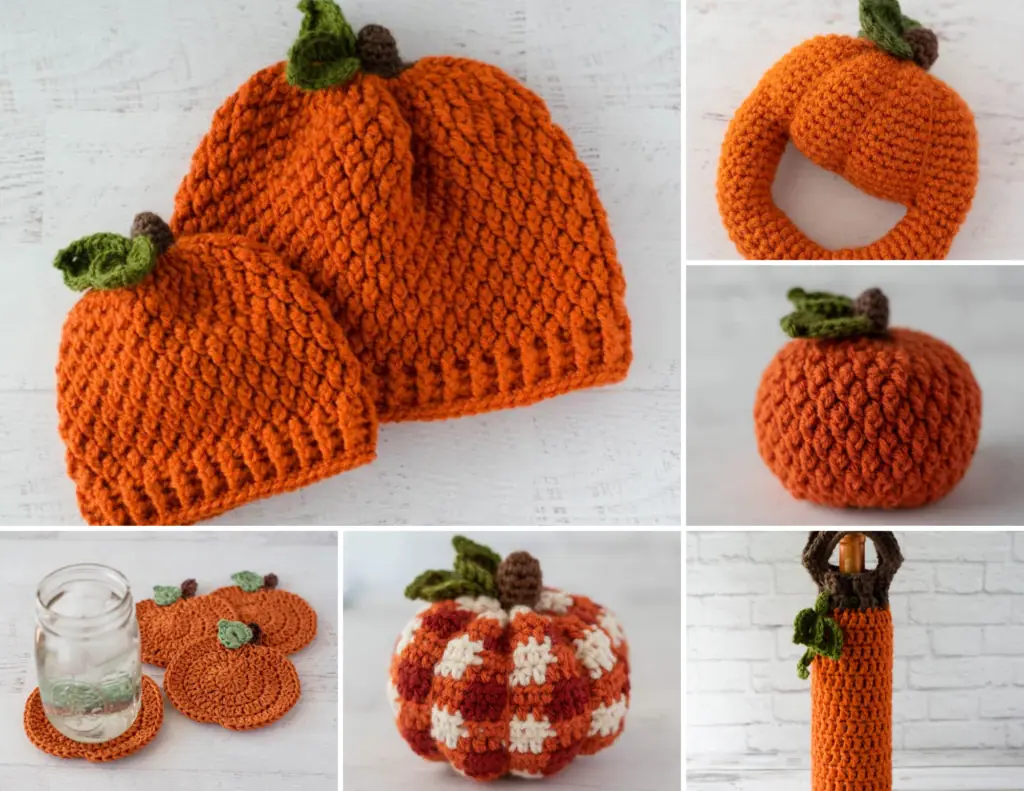 Collage of crochet pumpkin patterns: hats, rattle, coasters, wine cozy in autumn orange, white, green and brown colors