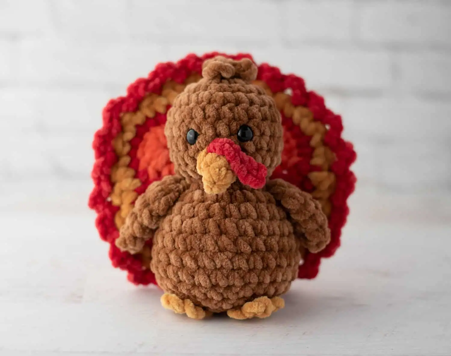 Crochet brown turkey with red, gold and orange accents
