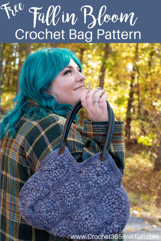 Image of girl with blue hair holding blue crochet bag on a street in fall