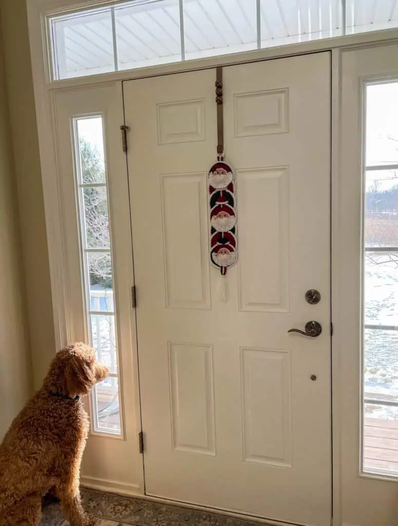 Dog by door with Crochet Santa Wallhanging