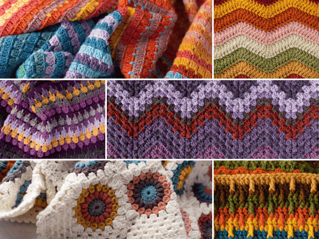 Collage of various colorful scrap yarn afghans