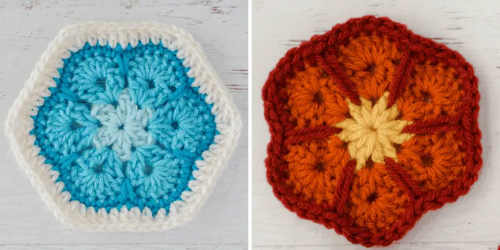two crochet african flowers. One in blues and white and the other in oranges and yellows