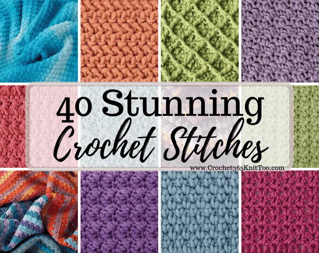collage of crochet stitches in various yarn colors