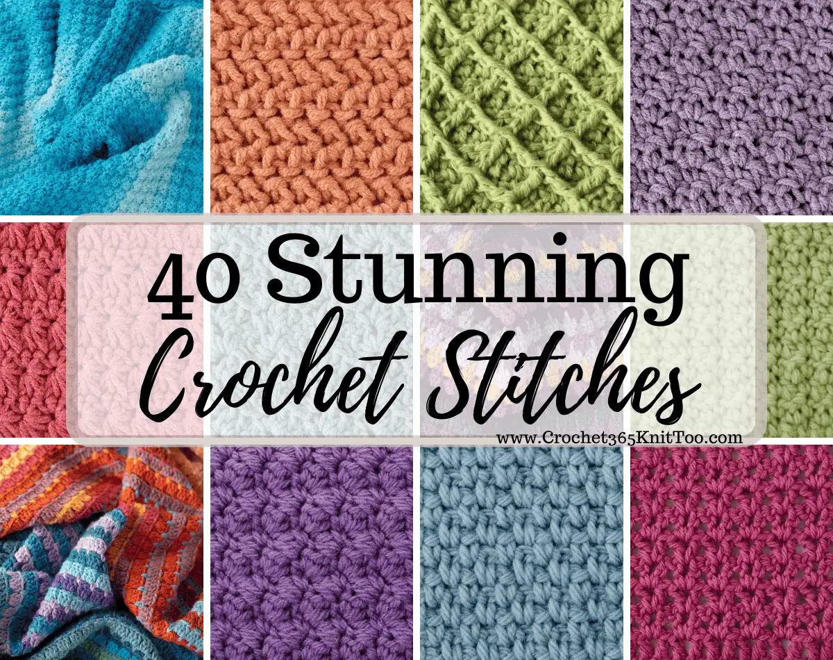 collage of crochet stitches in various yarn colors