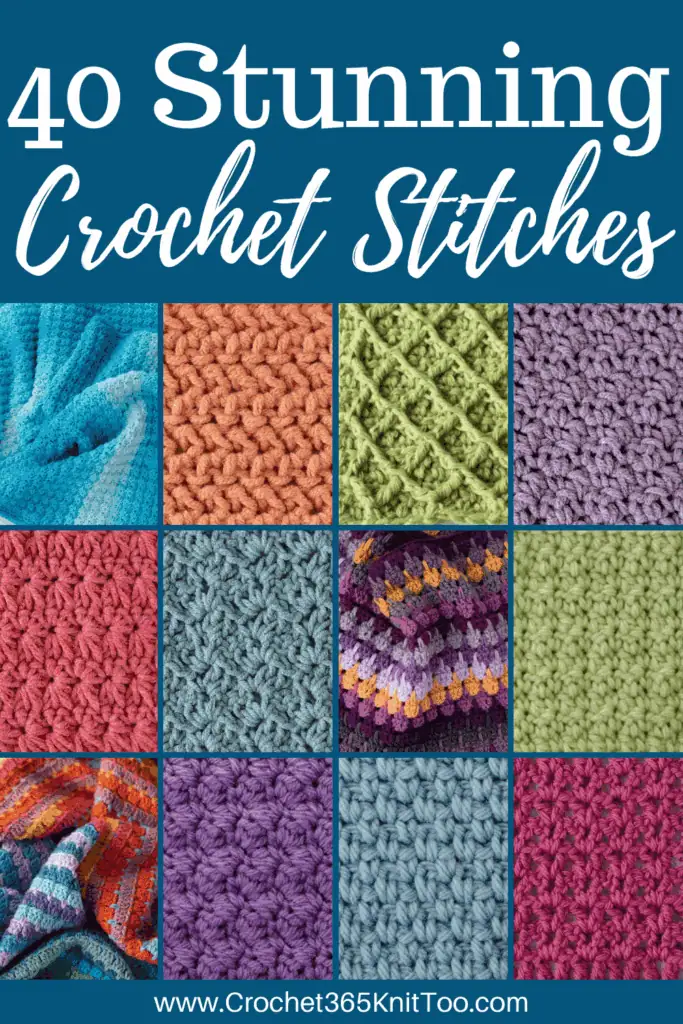 collage of crochet stitches in various yarn colors