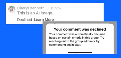 Screenshot of comment declined text