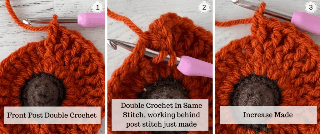 photo tutorial of how to work post stitches for pumpkin hat using orange and brown yarn