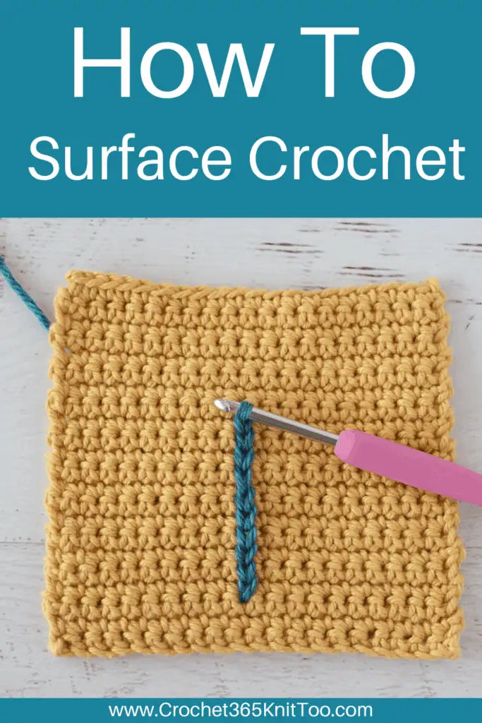 Image of How to Surface Crochet with a yellow crocheted swatch with blue surface crochet stitches and a pink crochet hook