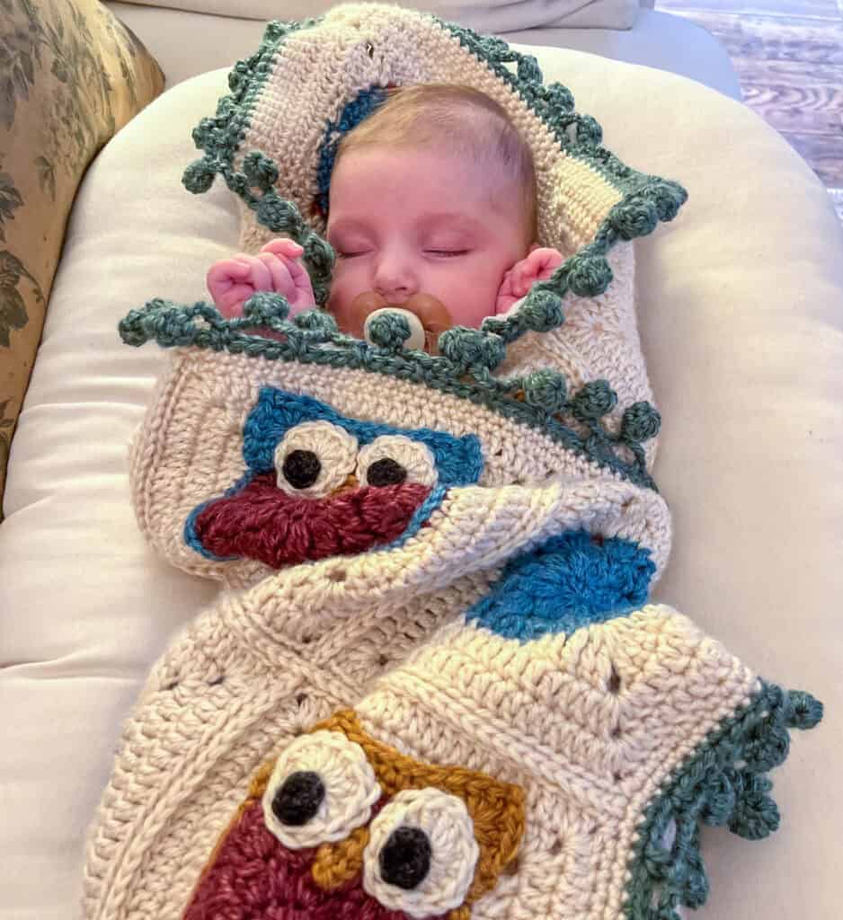 Baby swaddled in crochet owl blanket