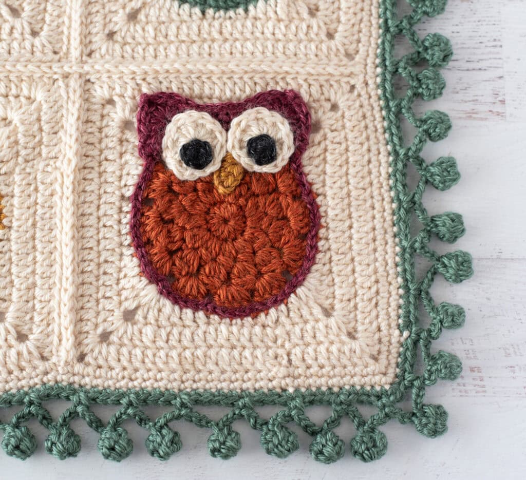 Crochet owl blanket with cream background, red, gold, green and blue owls with a green pom pom border.