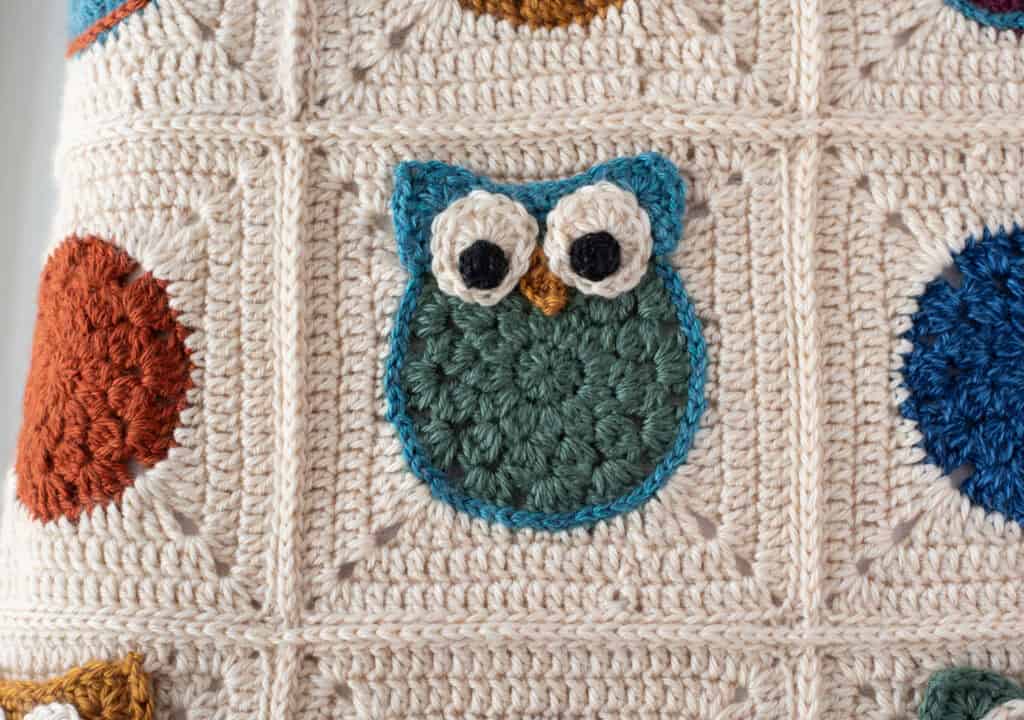 Crochet owl afghan close up.