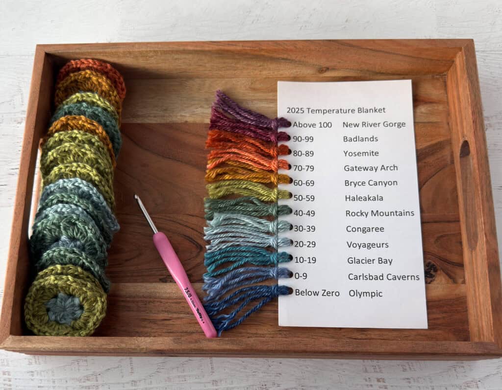 Wood tray with crochet motifs, pink crochet hook and temperature blanket chart