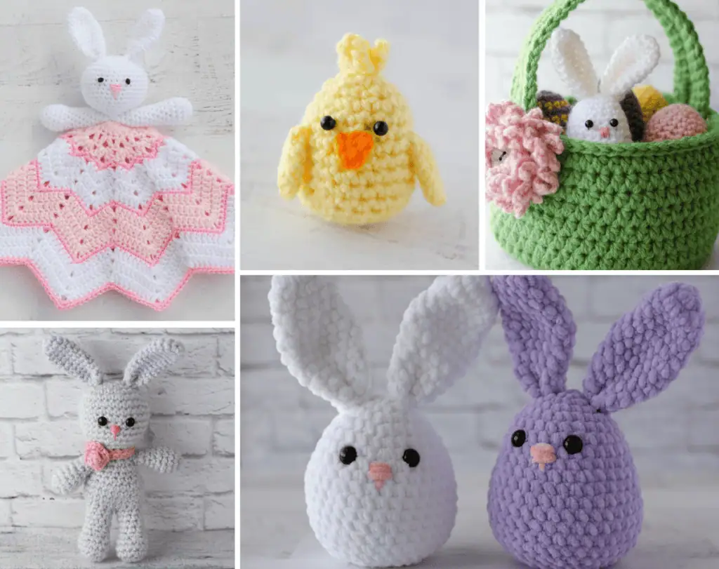 Collage of crochet bunnies, eggs, Easter Basket and chick