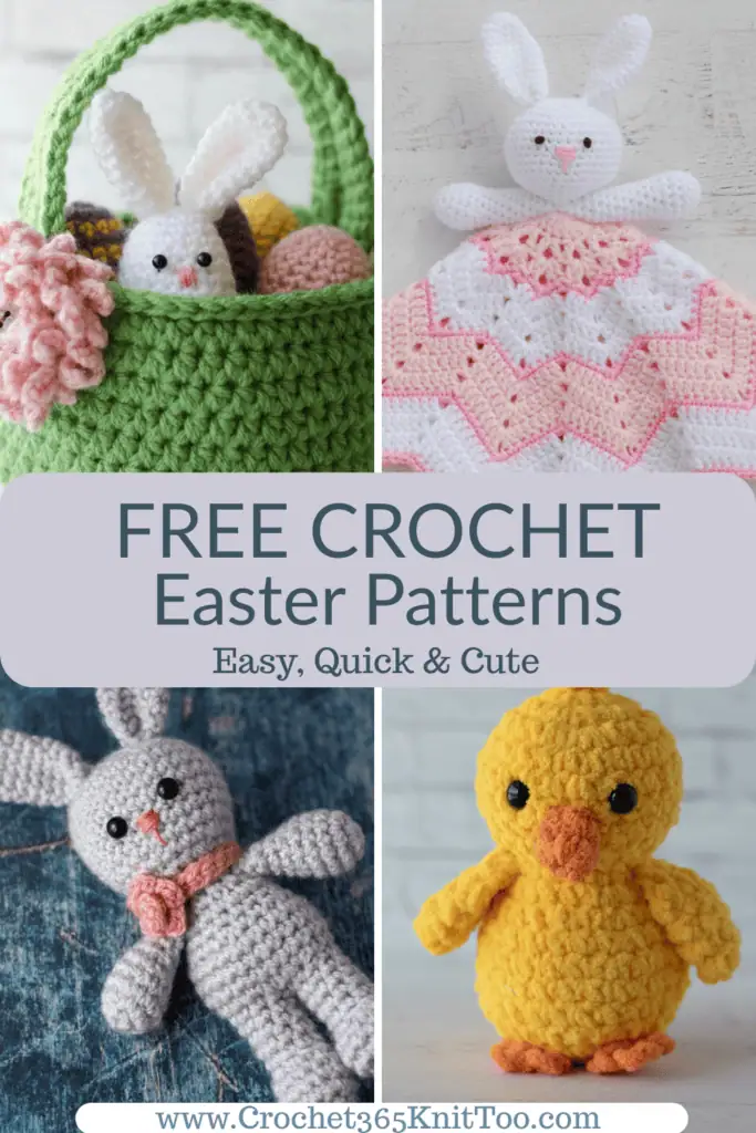 Collage of crochet bunnies, eggs, Easter Basket and chick