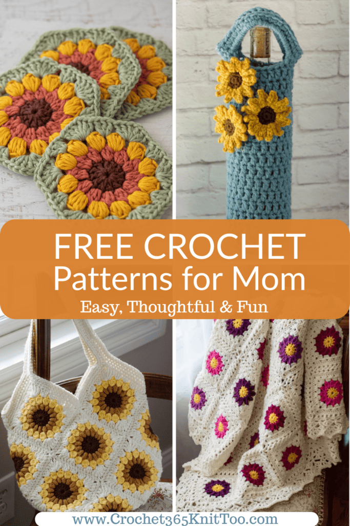 Collage of crochet patterns to make gifts for mom