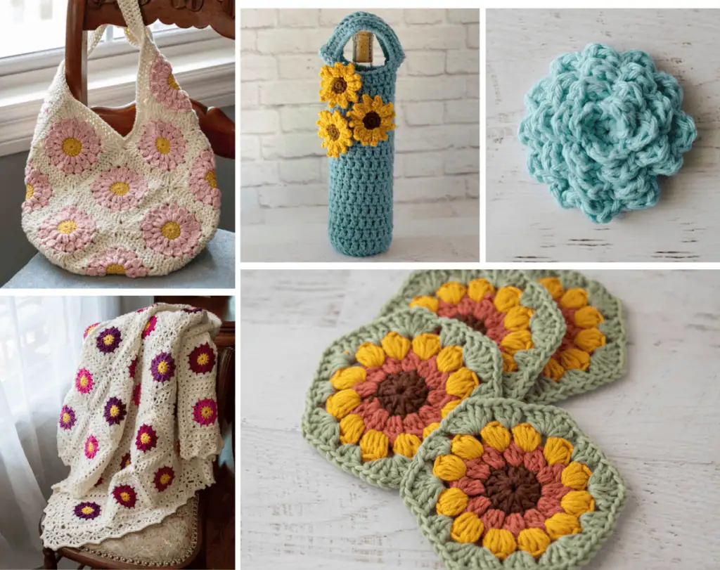 Collage of crochet patterns to make gifts for mom