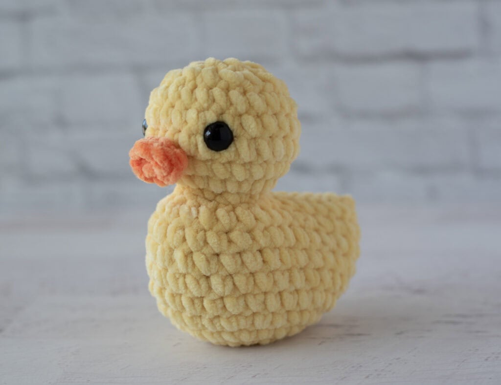 Close up of crochet rubber duck