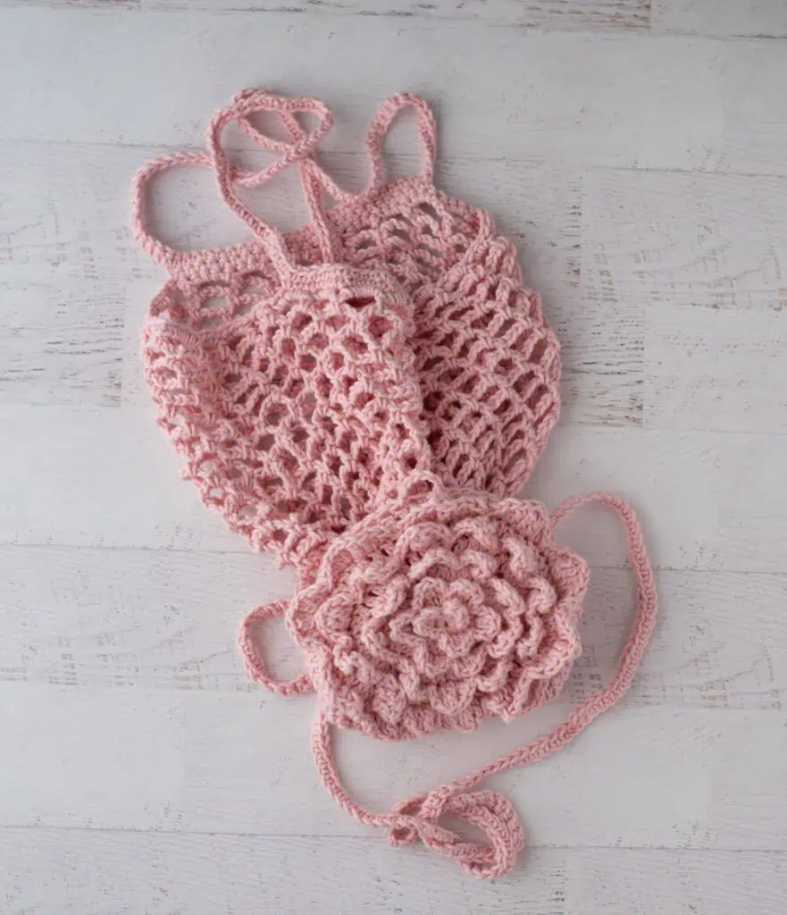 Pink crochet market bag unfolded