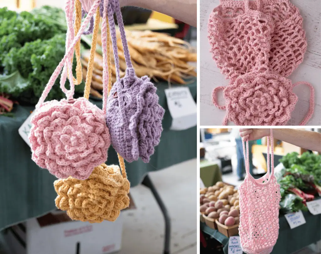 Collage of crochet market bags