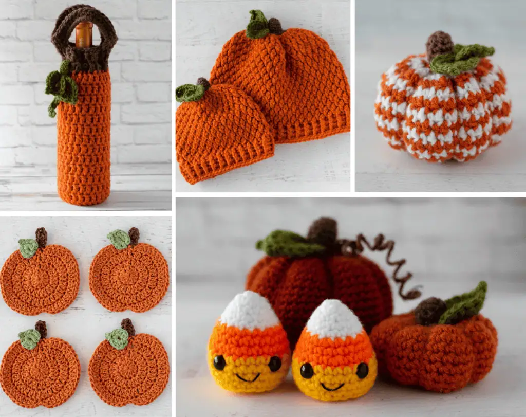 Collage of crochet pumpkin and candy corn patterns